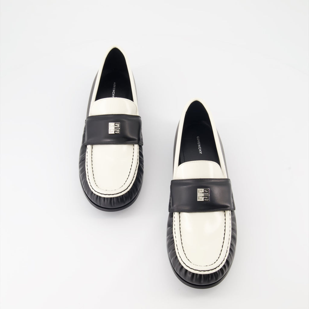 Givenchy leather moccasins, luxury footwear, 4G emblem shoes, elegant moccasins, white and black moccasins