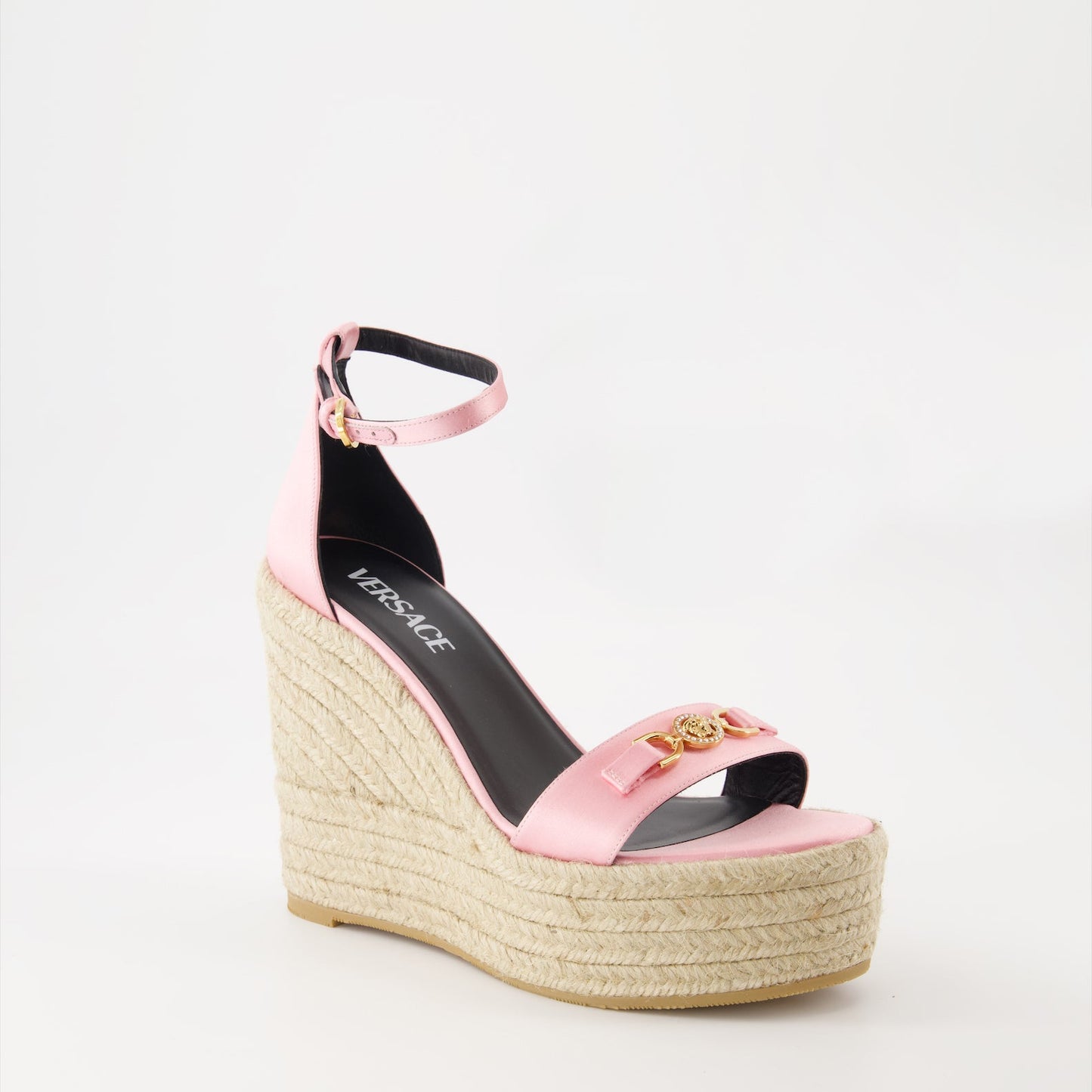 Versace sandals, satin wedge sandals, luxury footwear, Medusa '95 design, elegant sandals