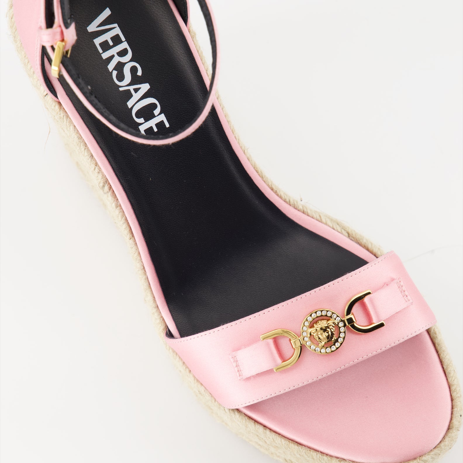 Versace sandals, satin wedge sandals, luxury footwear, Medusa '95 design, elegant sandals