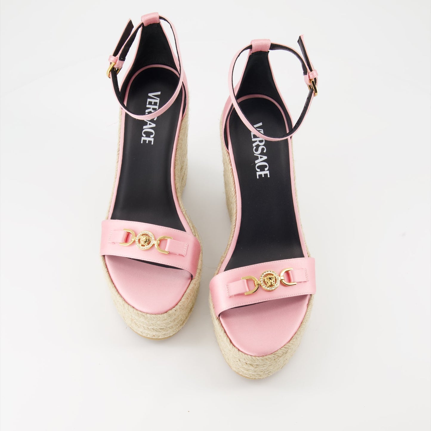 Versace sandals, satin wedge sandals, luxury footwear, Medusa '95 design, elegant sandals