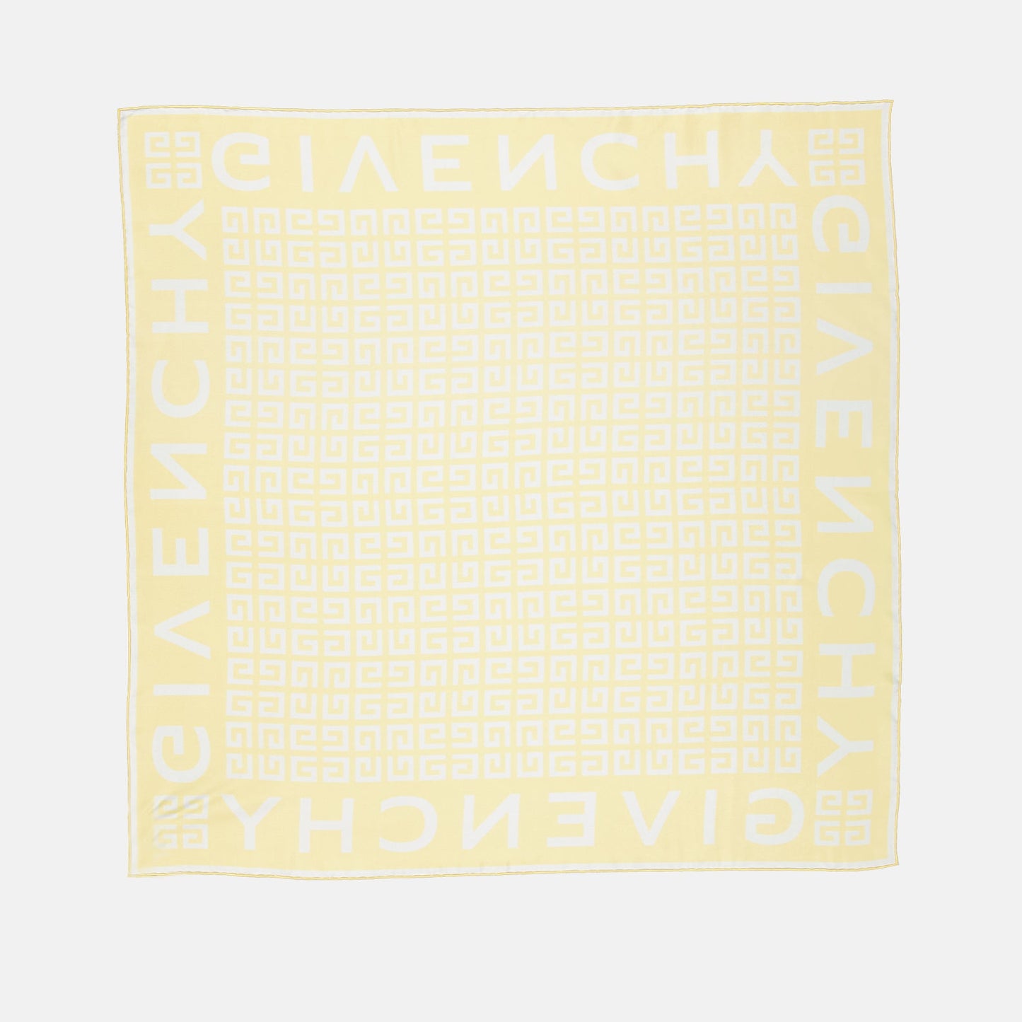 Givenchy silk scarf, luxury silk scarf, 4G pattern, yellow and white scarf, elegant accessories.