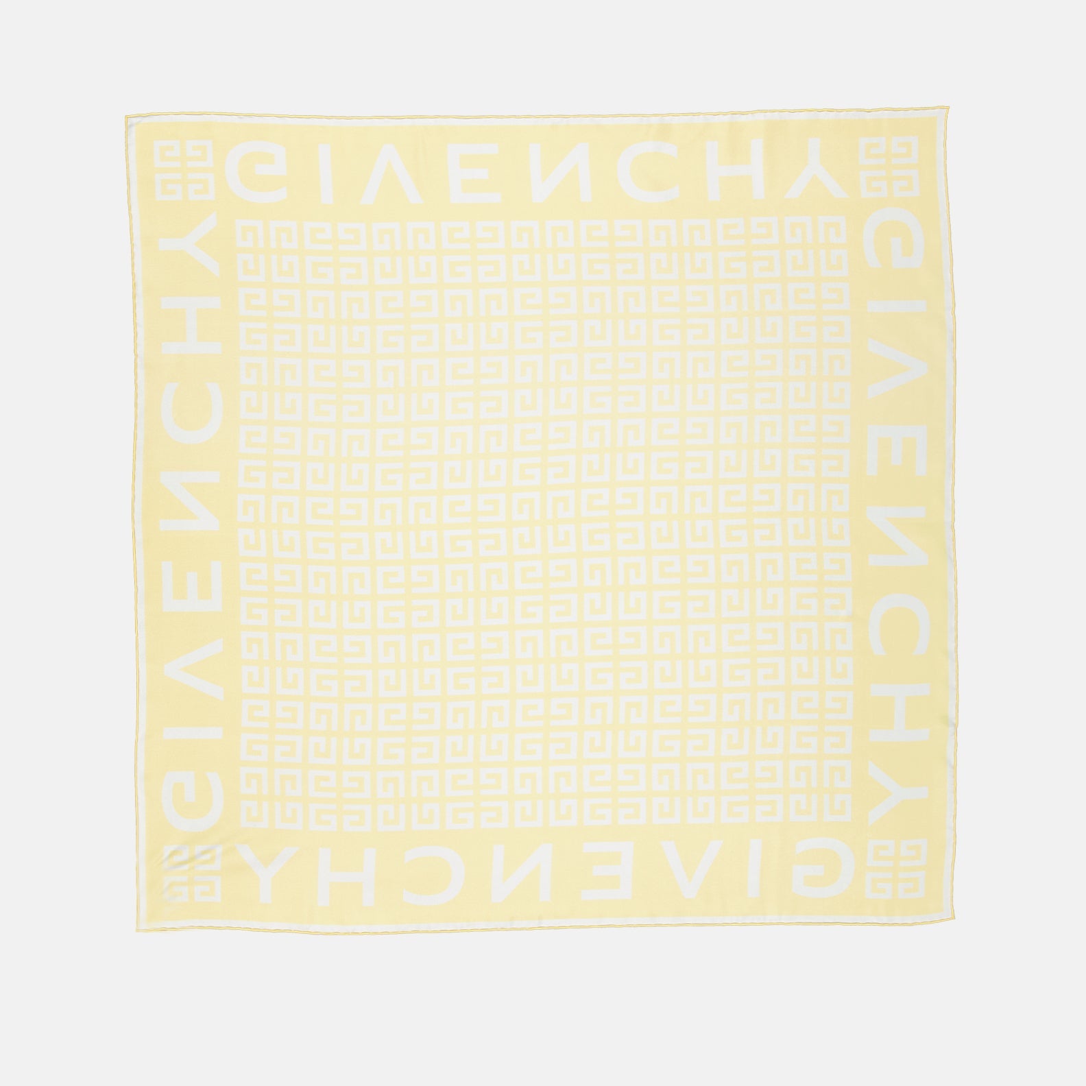 Givenchy silk scarf, luxury silk scarf, 4G pattern, yellow and white scarf, elegant accessories.