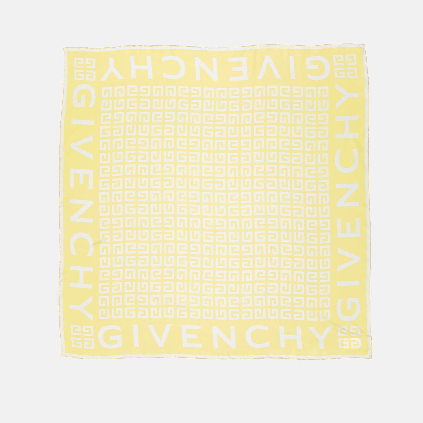 Givenchy silk scarf, luxury silk scarf, 4G pattern, yellow and white scarf, elegant accessories.