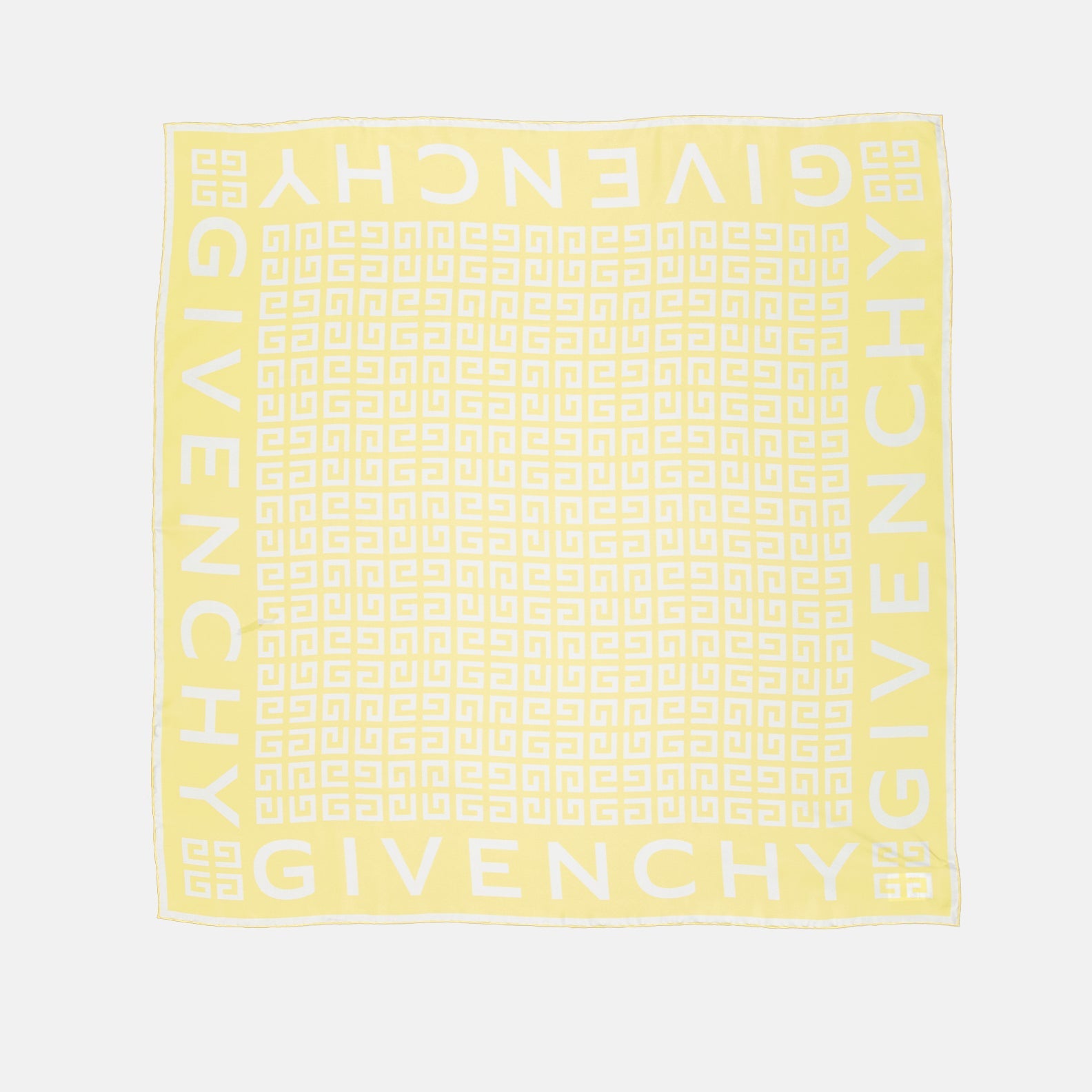 Givenchy silk scarf, luxury silk scarf, 4G pattern, yellow and white scarf, elegant accessories.