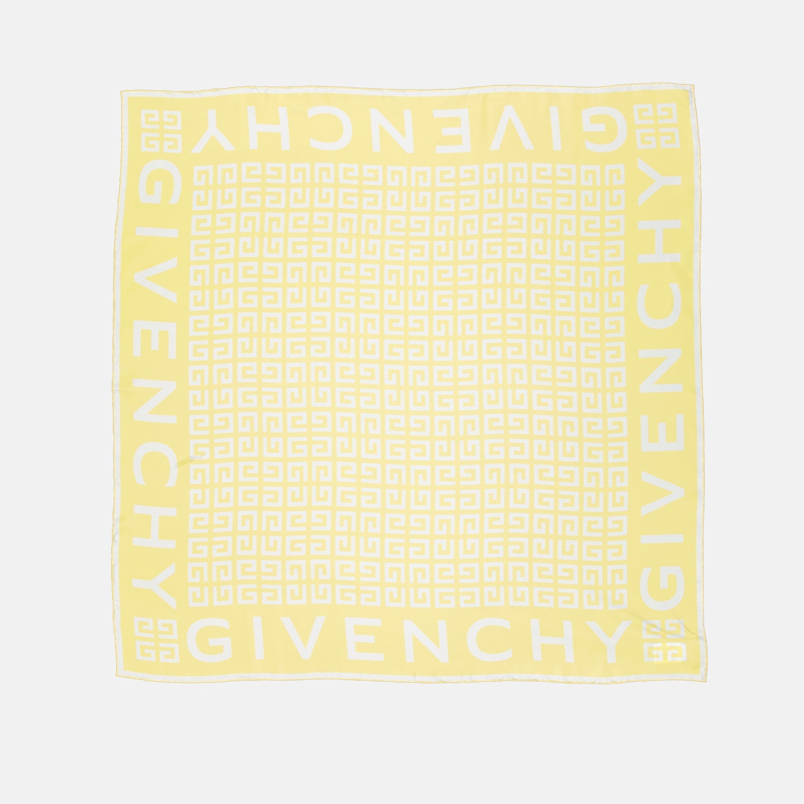 Givenchy silk scarf, luxury silk scarf, 4G pattern, yellow and white scarf, elegant accessories.