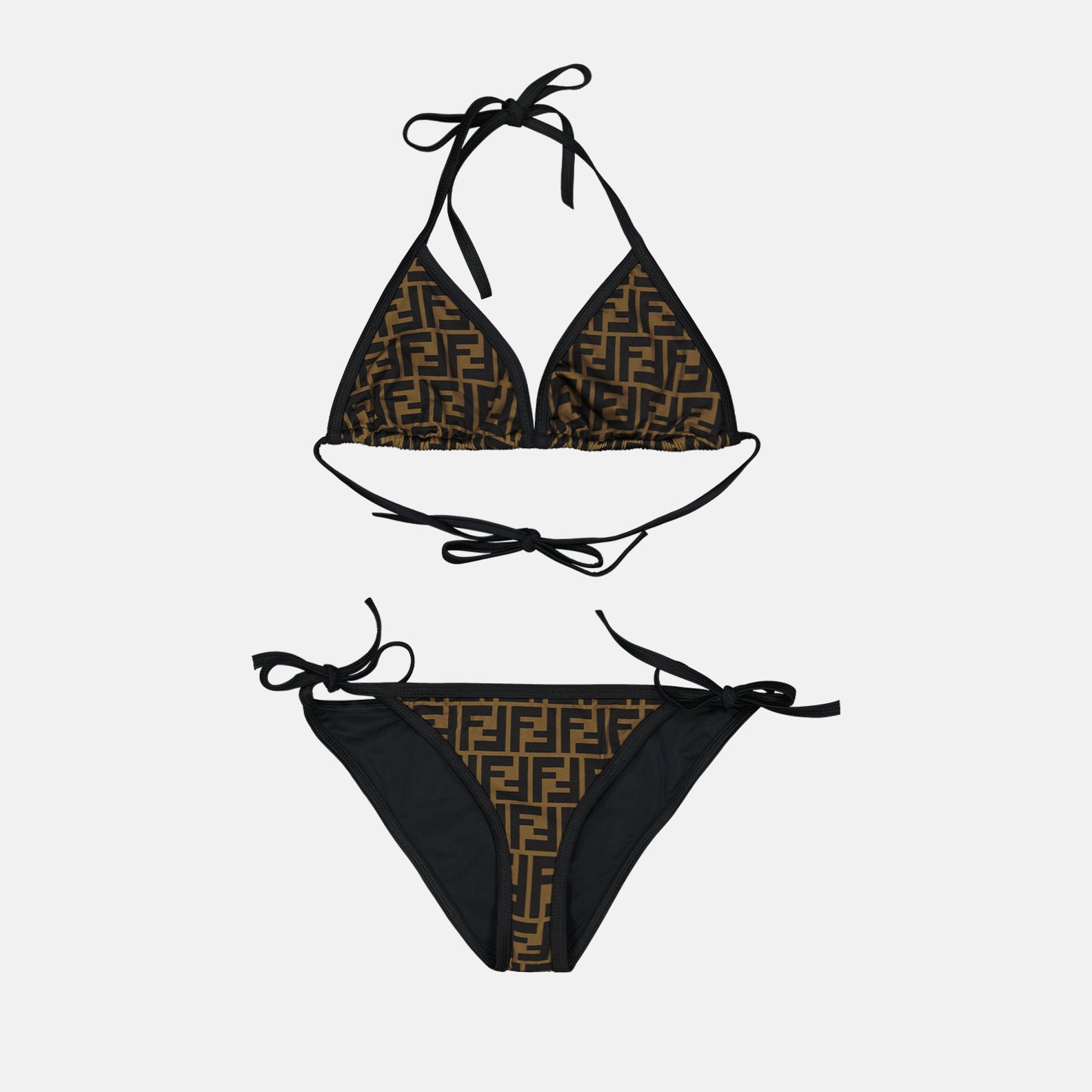 Fendi bikini, luxury swimwear, FF monogram, brown bikini, designer swimwear