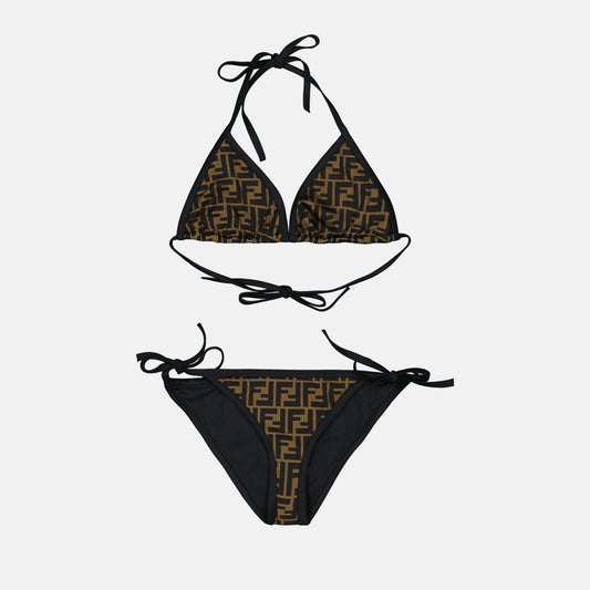 Fendi bikini, luxury swimwear, FF monogram, brown bikini, designer swimwear