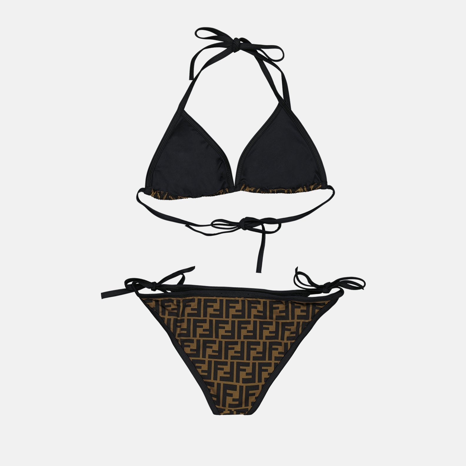 Fendi bikini, luxury swimwear, FF monogram, brown bikini, designer swimwear