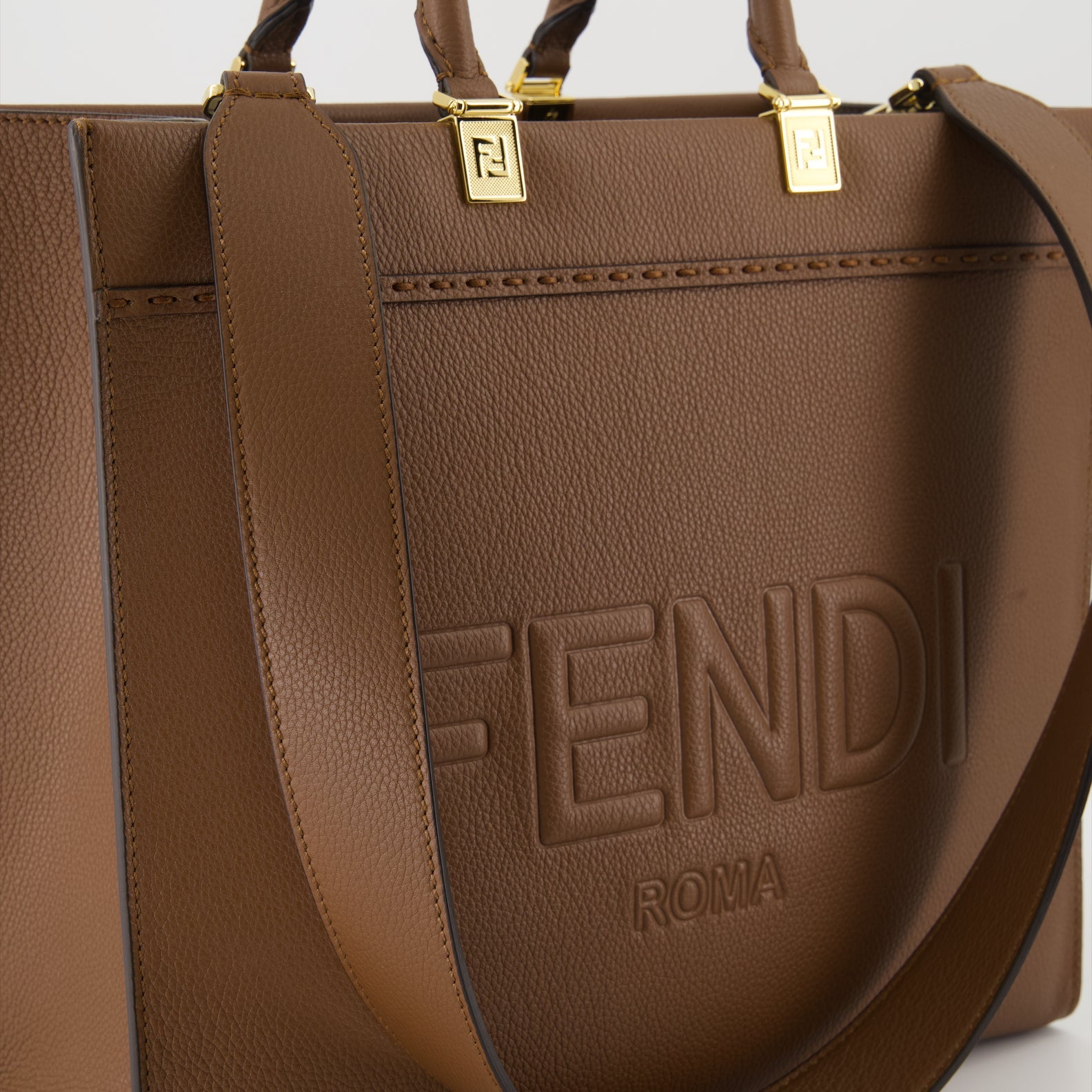 Fendi tote bag, luxury leather tote, grained leather handbag, designer tote bag, iconic Fendi accessory