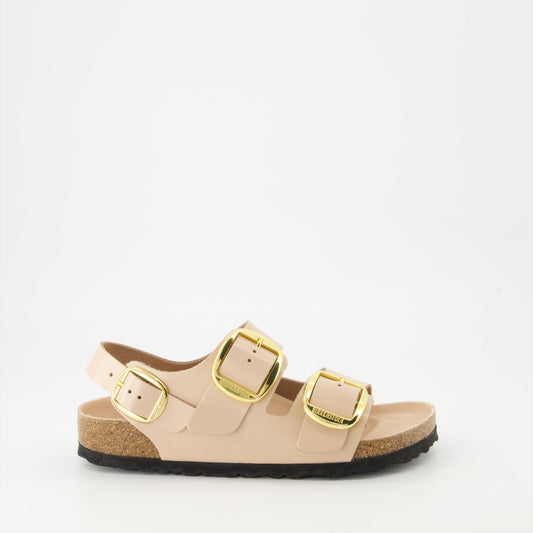 Birkenstock sandals, luxury footwear, big buckle sandals, patent leather sandals, high-end comfort