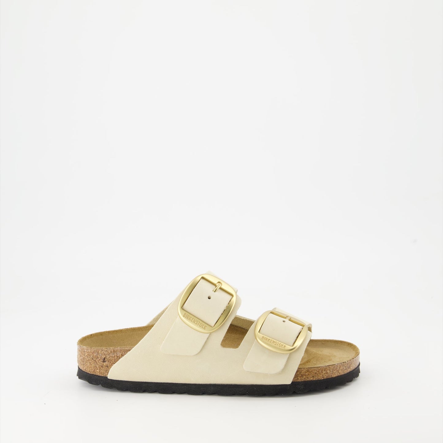 Beige leather sandals, Big Buckle sandals, Adjustable strap sandals, Comfortable footbed sandals, Engraved logo footwear