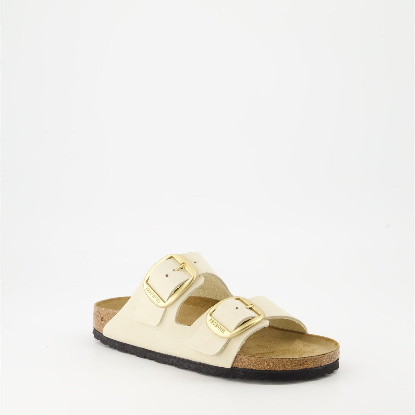 Beige leather sandals, Big Buckle sandals, Adjustable strap sandals, Comfortable footbed sandals, Engraved logo footwear