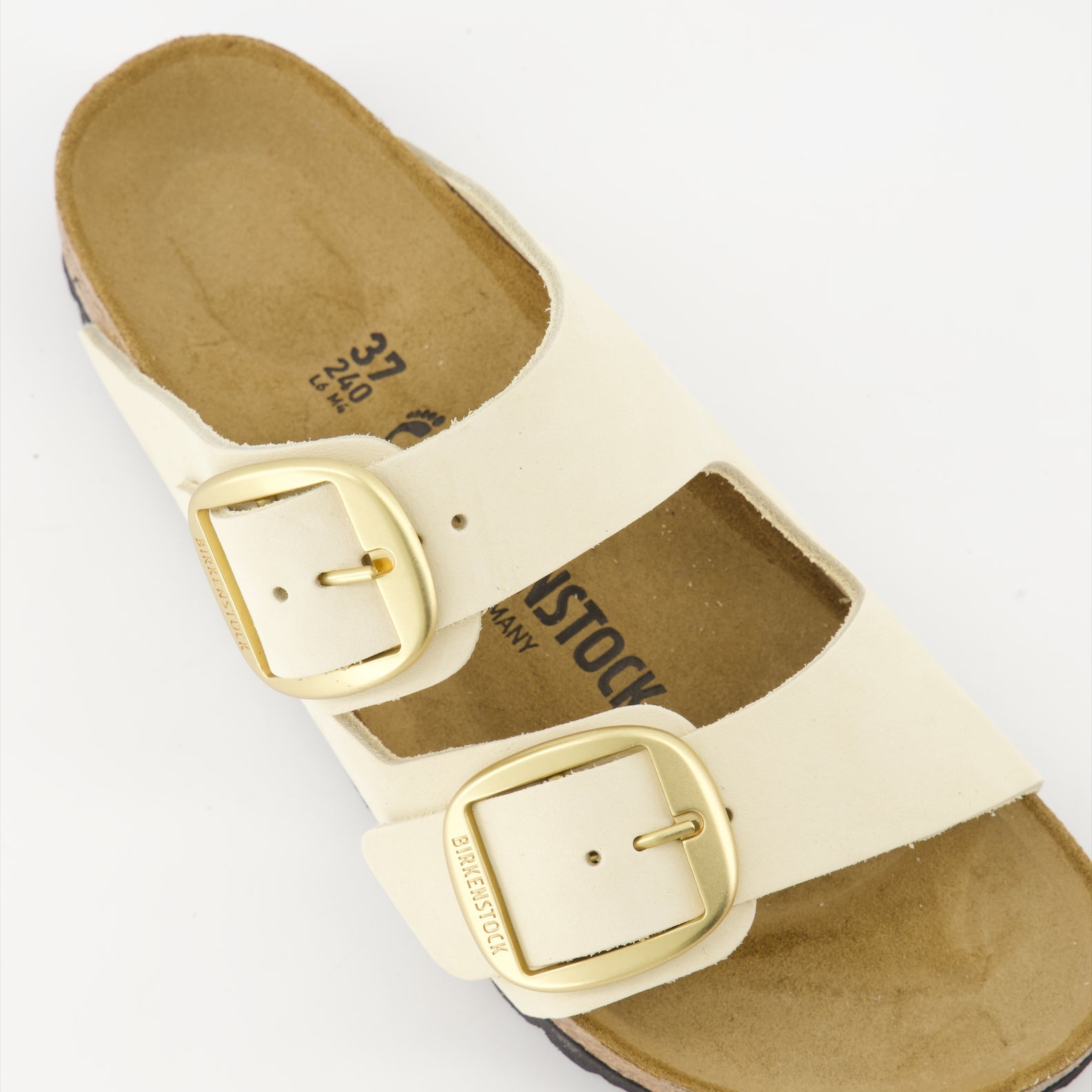 Beige leather sandals, Big Buckle sandals, Adjustable strap sandals, Comfortable footbed sandals, Engraved logo footwear