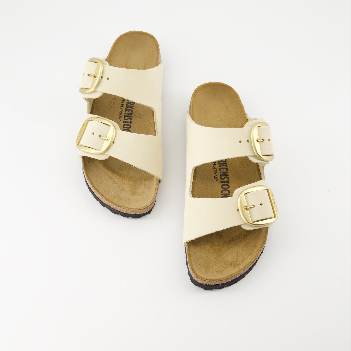 Beige leather sandals, Big Buckle sandals, Adjustable strap sandals, Comfortable footbed sandals, Engraved logo footwear