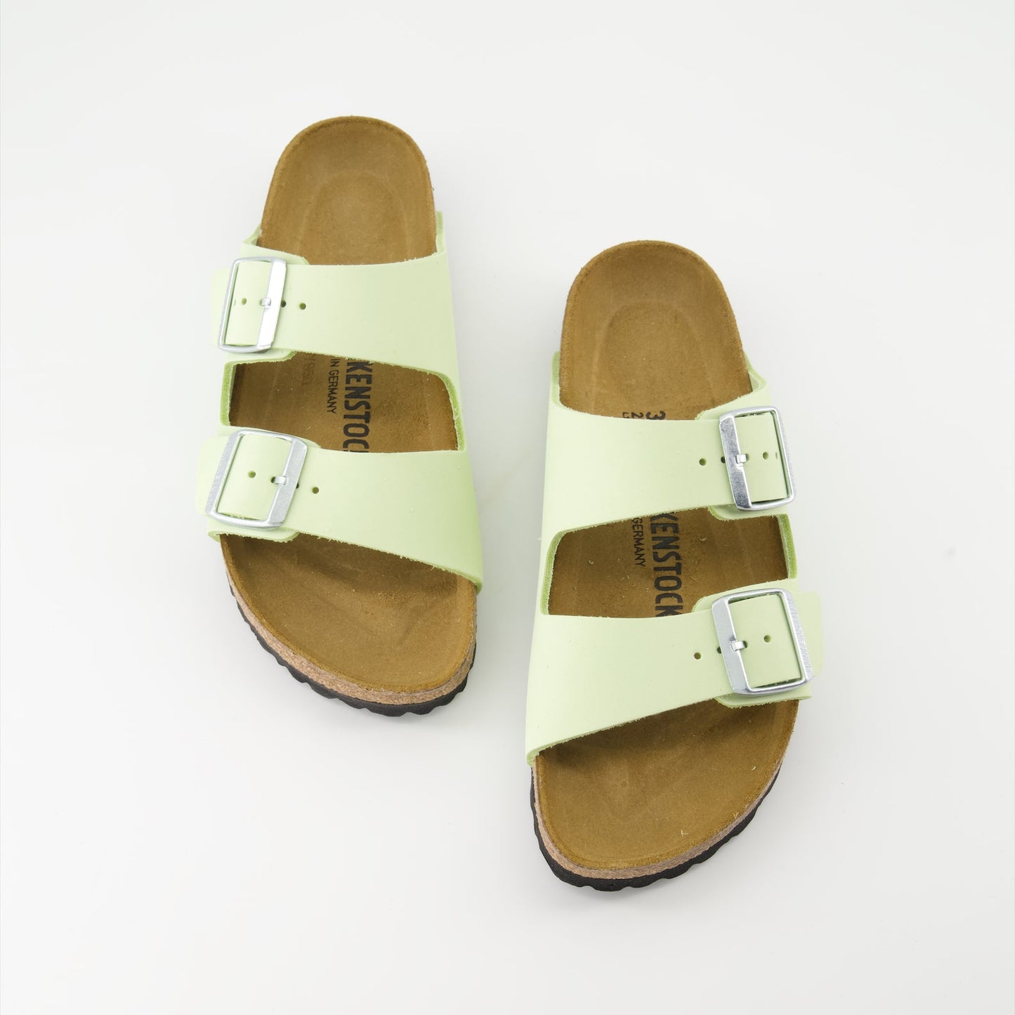 Arizona slip-ons, green nubuck sandals, Birkenstock sandals, luxury summer footwear, elegant slip-ons