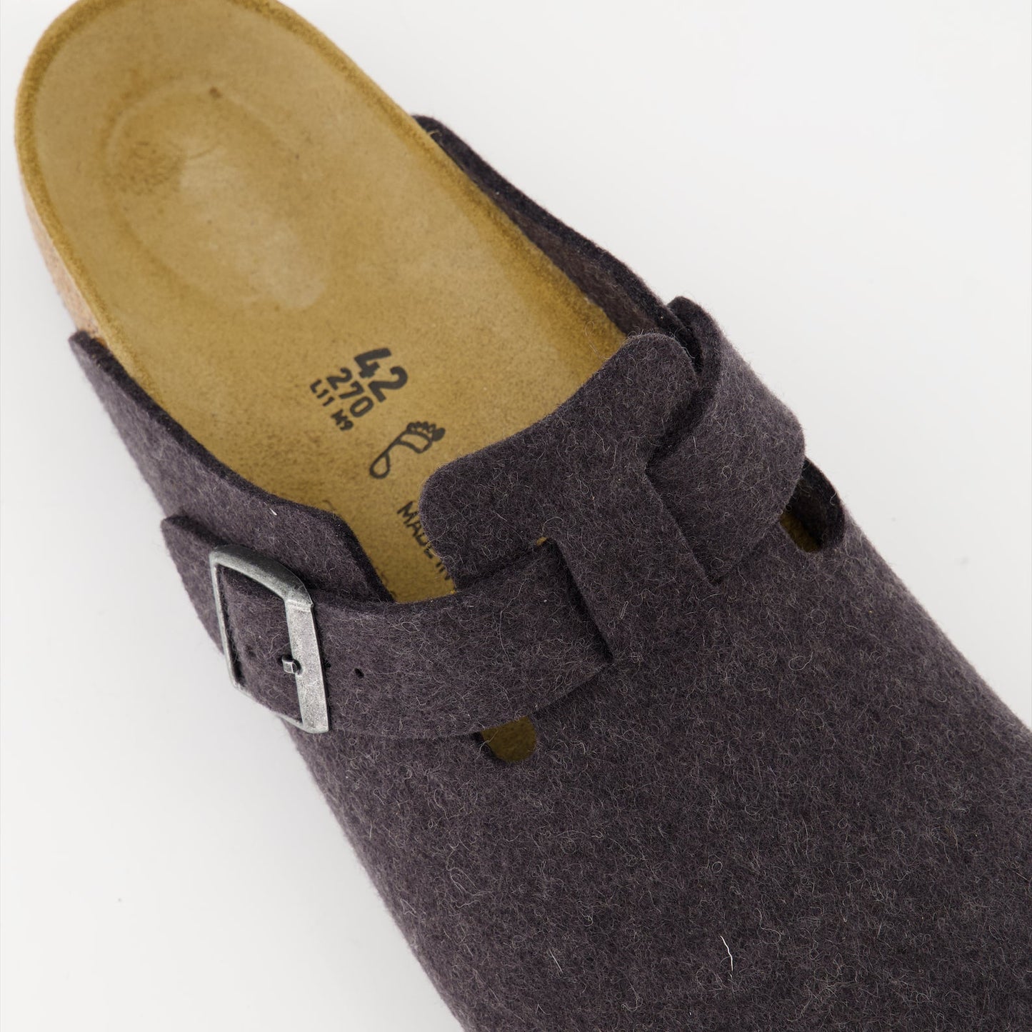 Birkenstock Boston Mules, grey felt wool mules, luxury footwear, comfortable mules, high-end shoes