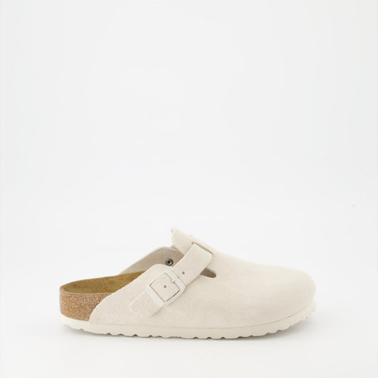 White suede mules, Boston Birkenstock, luxury footwear, ergonomic footbed, premium suedine