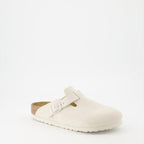 White suede mules, Boston Birkenstock, luxury footwear, ergonomic footbed, premium suedine