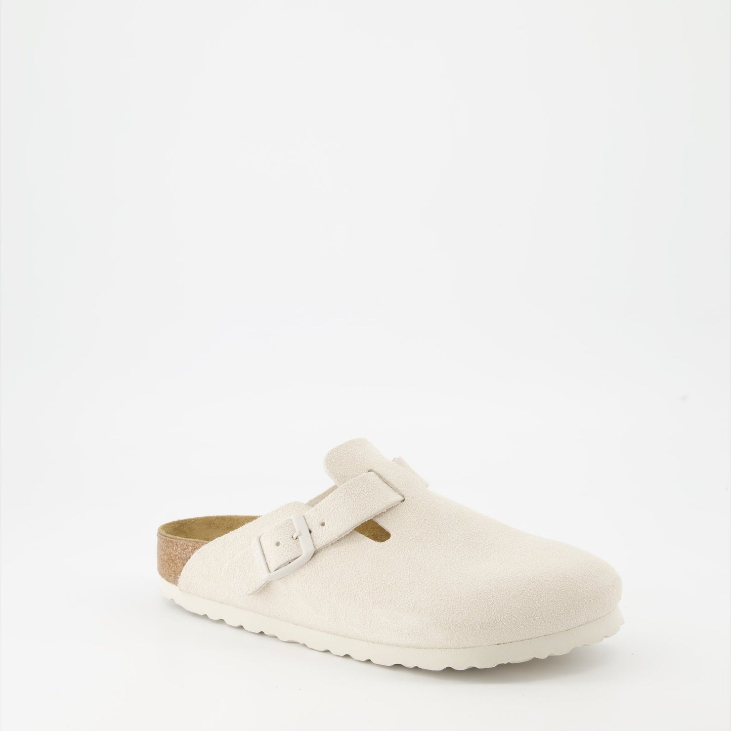 White suede mules, Boston Birkenstock, luxury footwear, ergonomic footbed, premium suedine