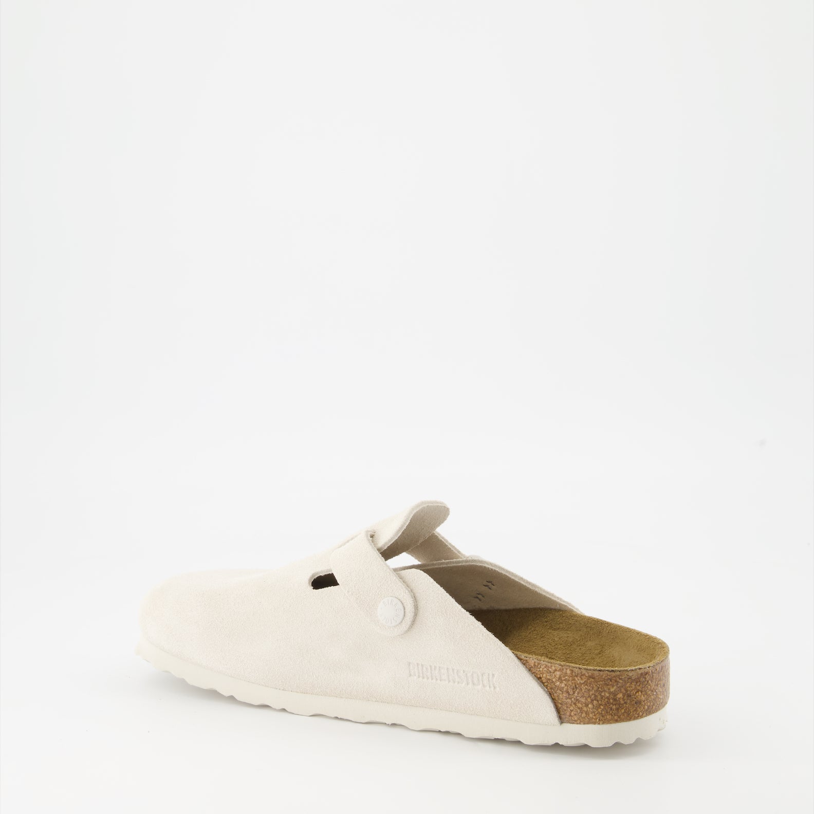 White suede mules, Boston Birkenstock, luxury footwear, ergonomic footbed, premium suedine