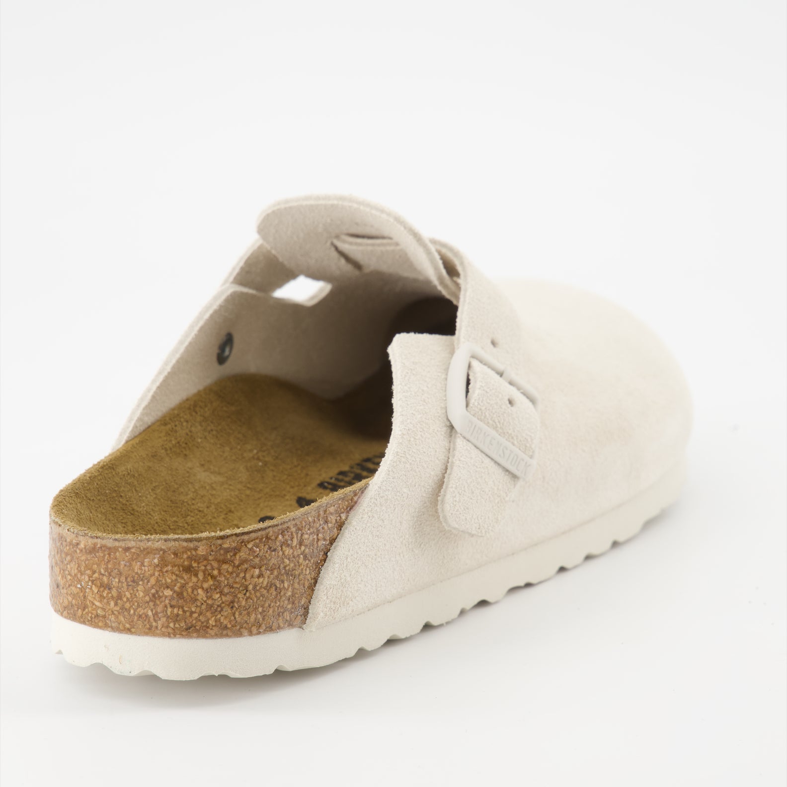 White suede mules, Boston Birkenstock, luxury footwear, ergonomic footbed, premium suedine