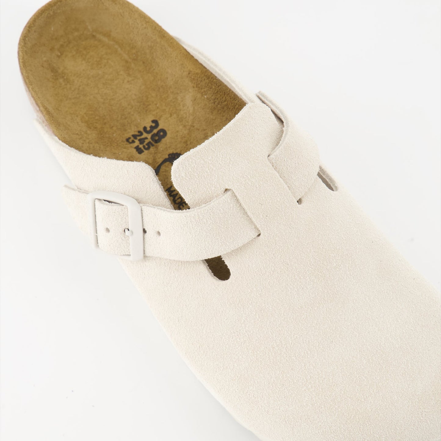 White suede mules, Boston Birkenstock, luxury footwear, ergonomic footbed, premium suedine