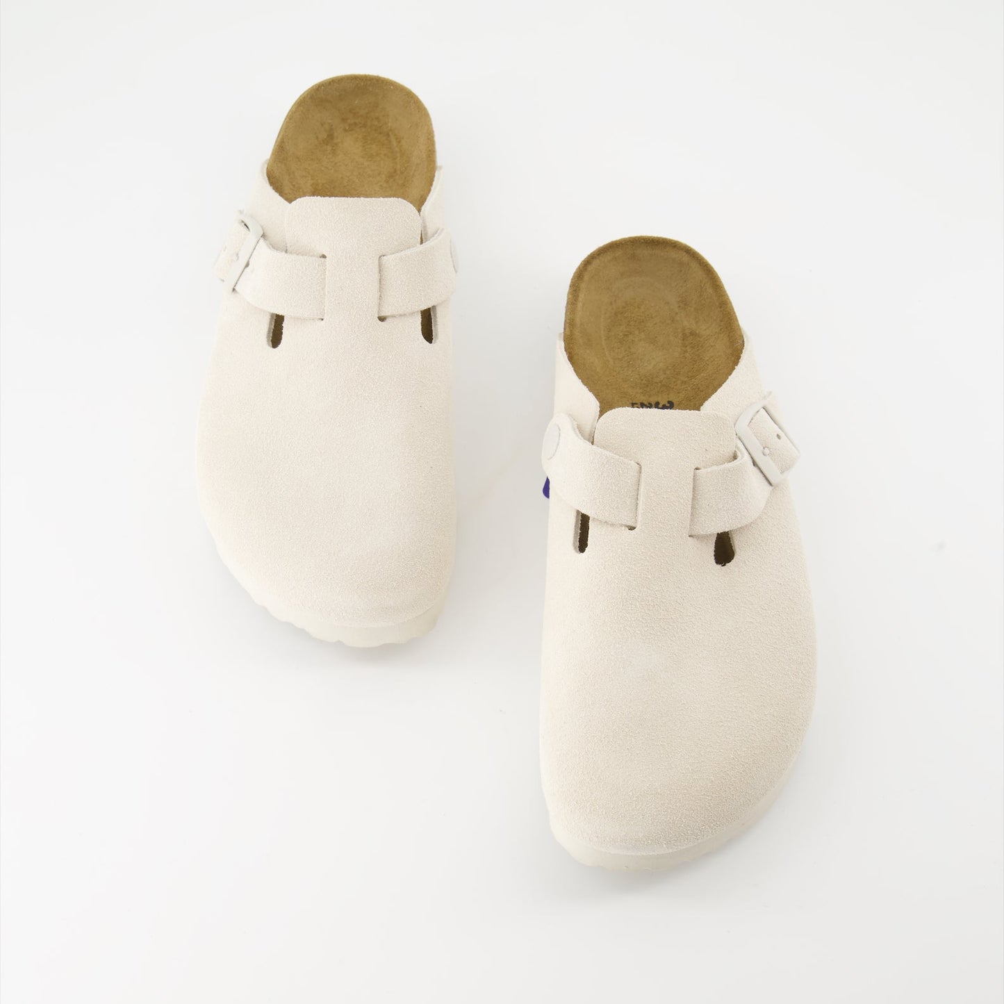 White suede mules, Boston Birkenstock, luxury footwear, ergonomic footbed, premium suedine