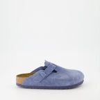 Blue suede mules, luxury footwear, Birkenstock Boston, elegant mules, high-end comfort shoes