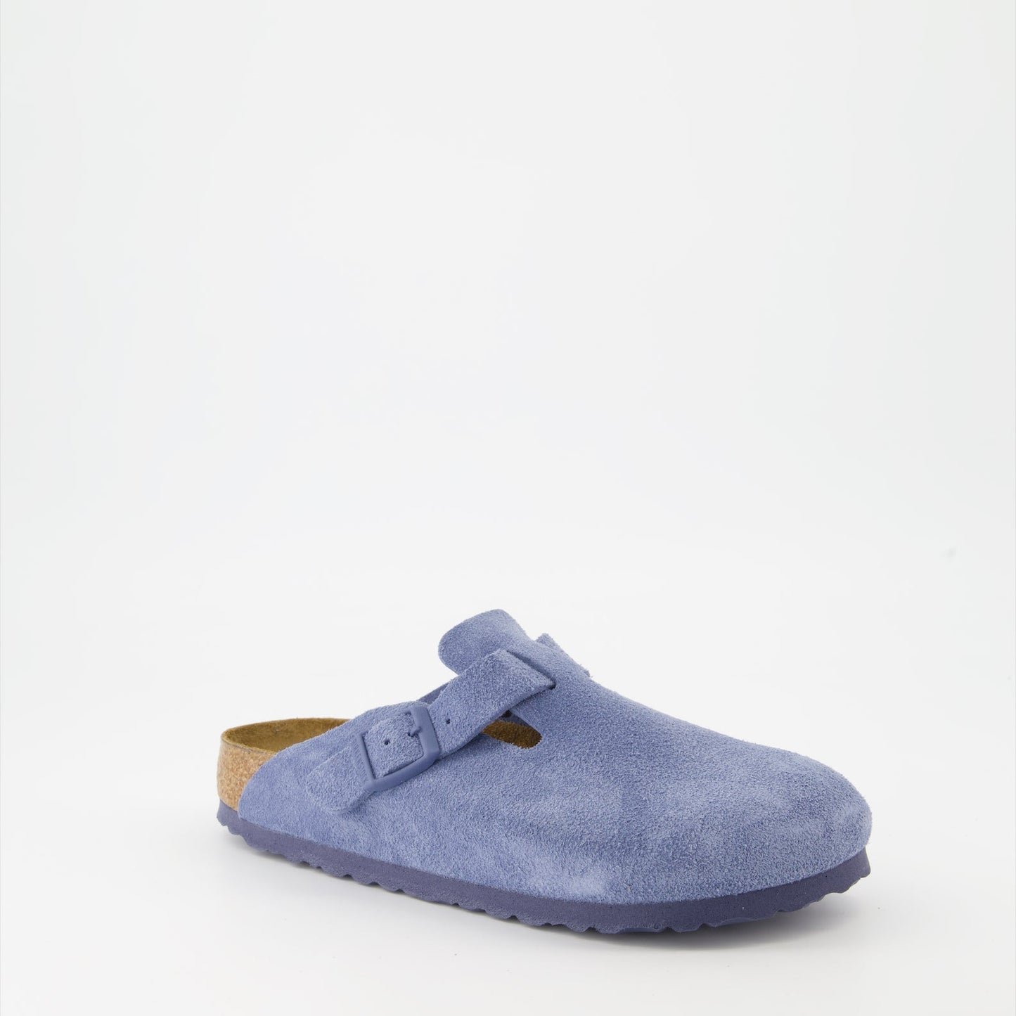 Blue suede mules, luxury footwear, Birkenstock Boston, elegant mules, high-end comfort shoes