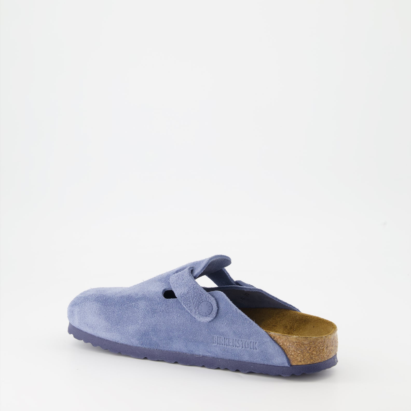 Blue suede mules, luxury footwear, Birkenstock Boston, elegant mules, high-end comfort shoes