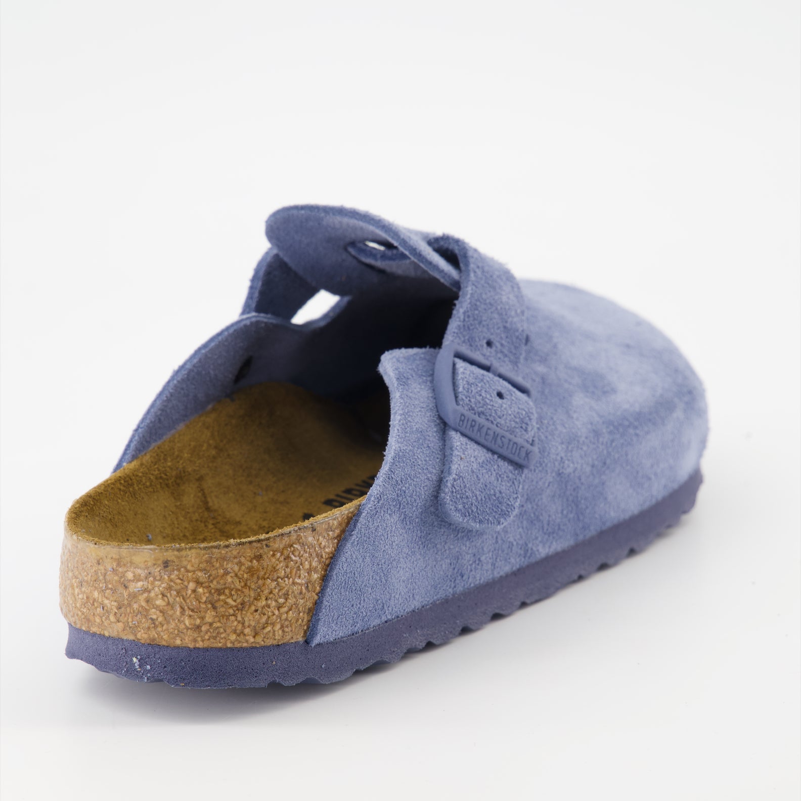 Blue suede mules, luxury footwear, Birkenstock Boston, elegant mules, high-end comfort shoes