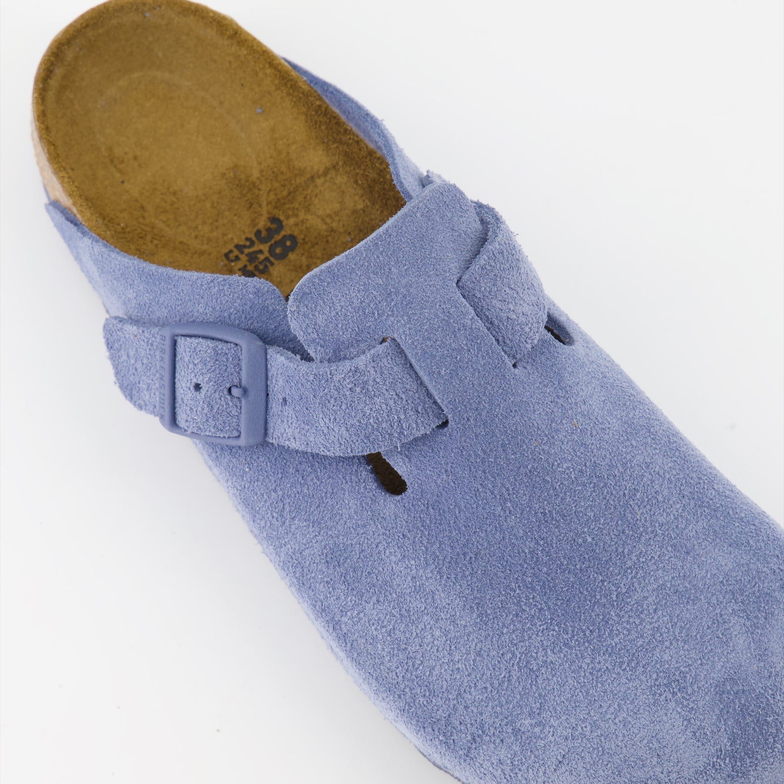 Blue suede mules, luxury footwear, Birkenstock Boston, elegant mules, high-end comfort shoes