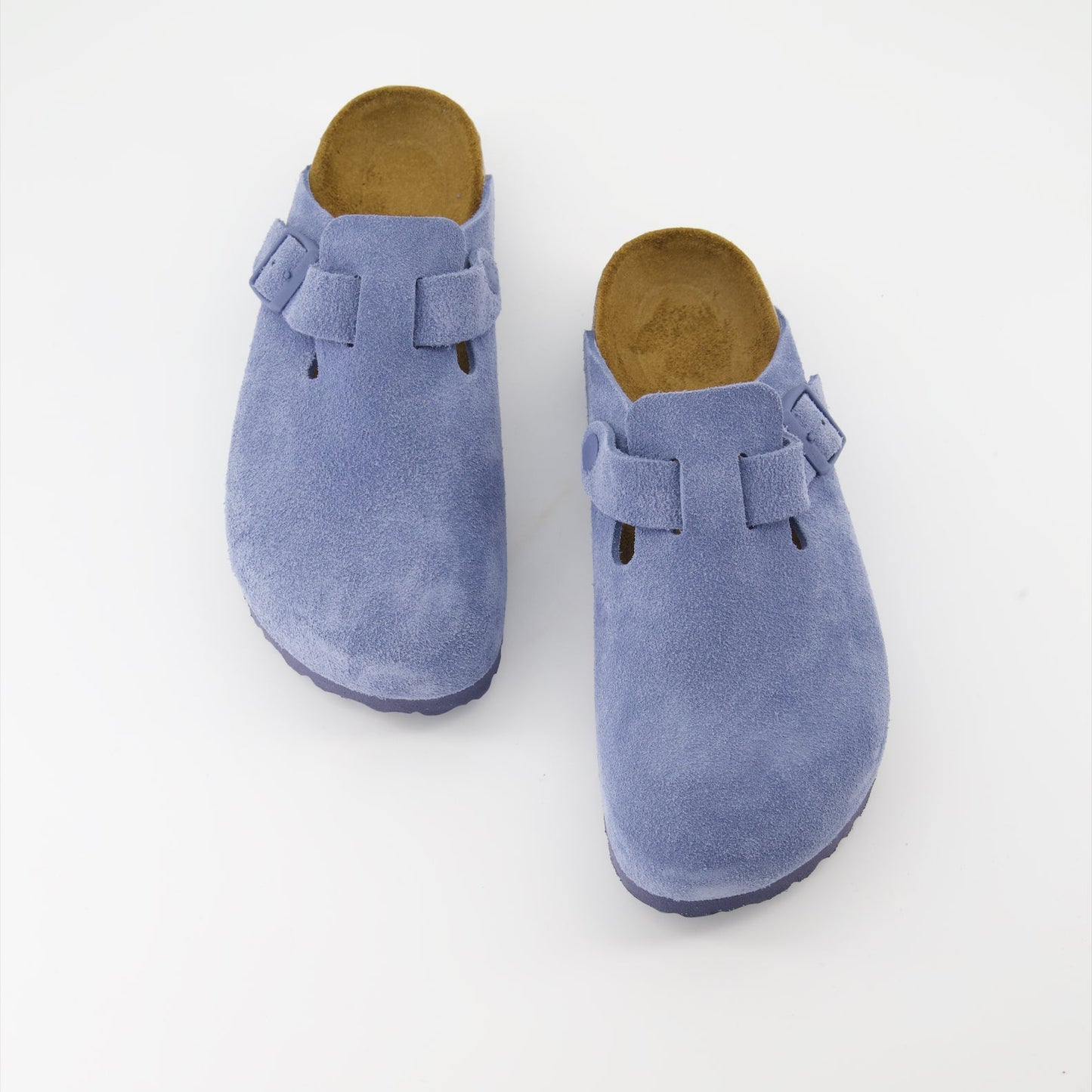 Blue suede mules, luxury footwear, Birkenstock Boston, elegant mules, high-end comfort shoes