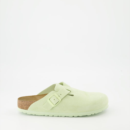 Birkenstock, Boston Mules, Green Suedine, Luxury Footwear, Comfortable Mules