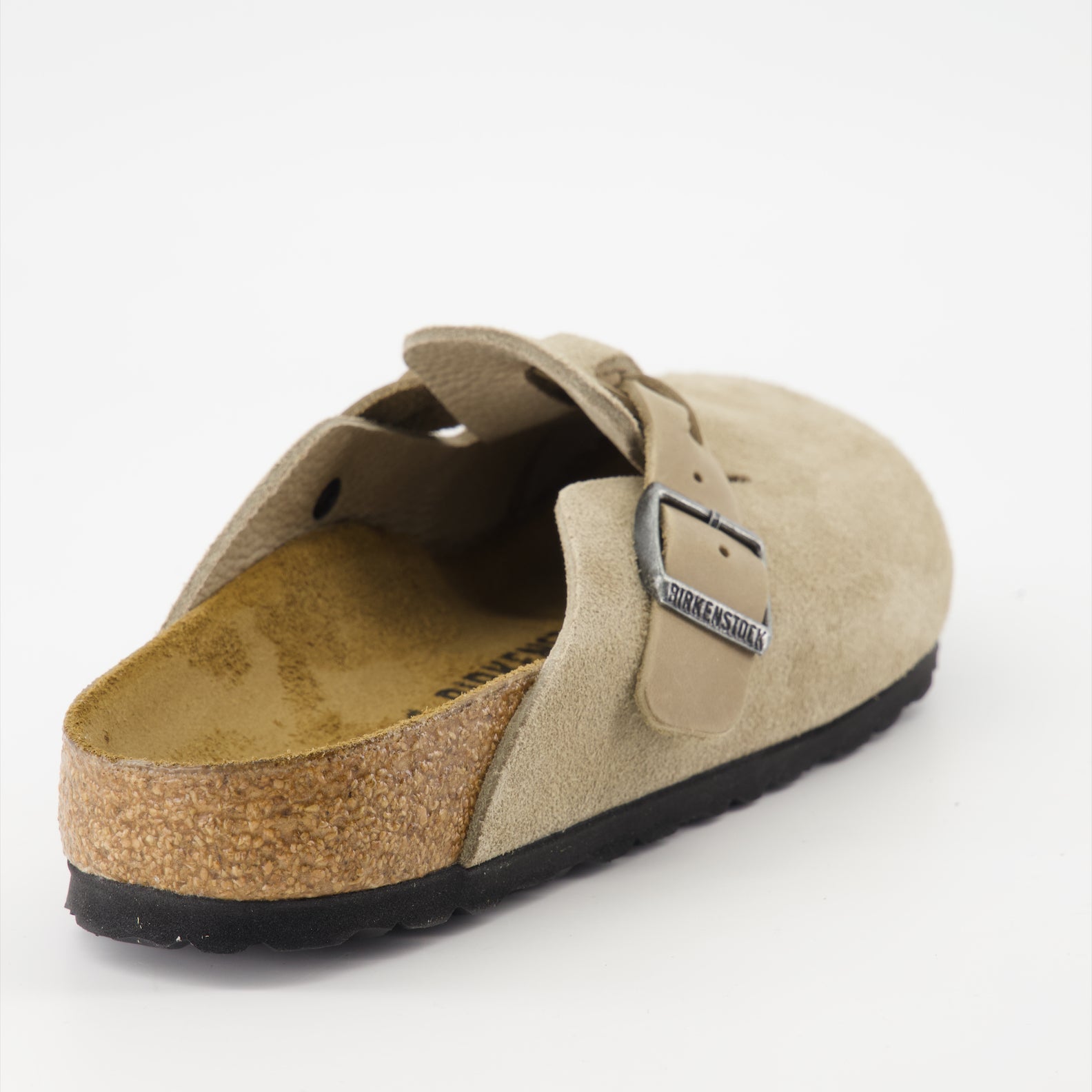 Birkenstock Boston Mules, Beige suede mules, Comfortable slip-on shoes, Stylish casual footwear, Adjustable women's mules