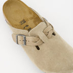 Birkenstock Boston Mules, Beige suede mules, Comfortable slip-on shoes, Stylish casual footwear, Adjustable women's mules