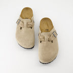 Birkenstock Boston Mules, Beige suede mules, Comfortable slip-on shoes, Stylish casual footwear, Adjustable women's mules