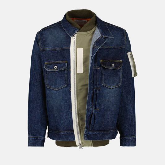 Denim hybrid jacket, Sacai outerwear, luxury men's fashion, high-end jacket, modern denim jacket