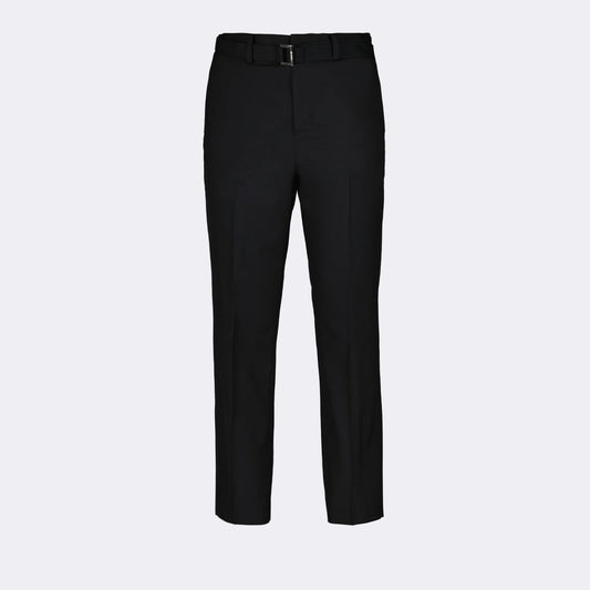 Sacai trousers, luxury black trousers, belted trousers, high-end fashion, tailored trousers