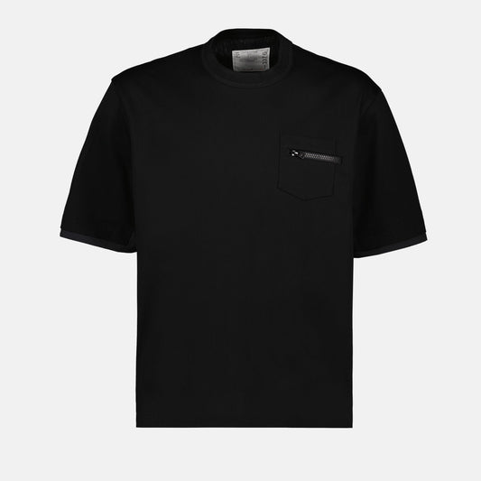 Luxury T-Shirt, Black Tee, Sacai Clothing, Designer T-Shirt, Stylish Pocket Tee