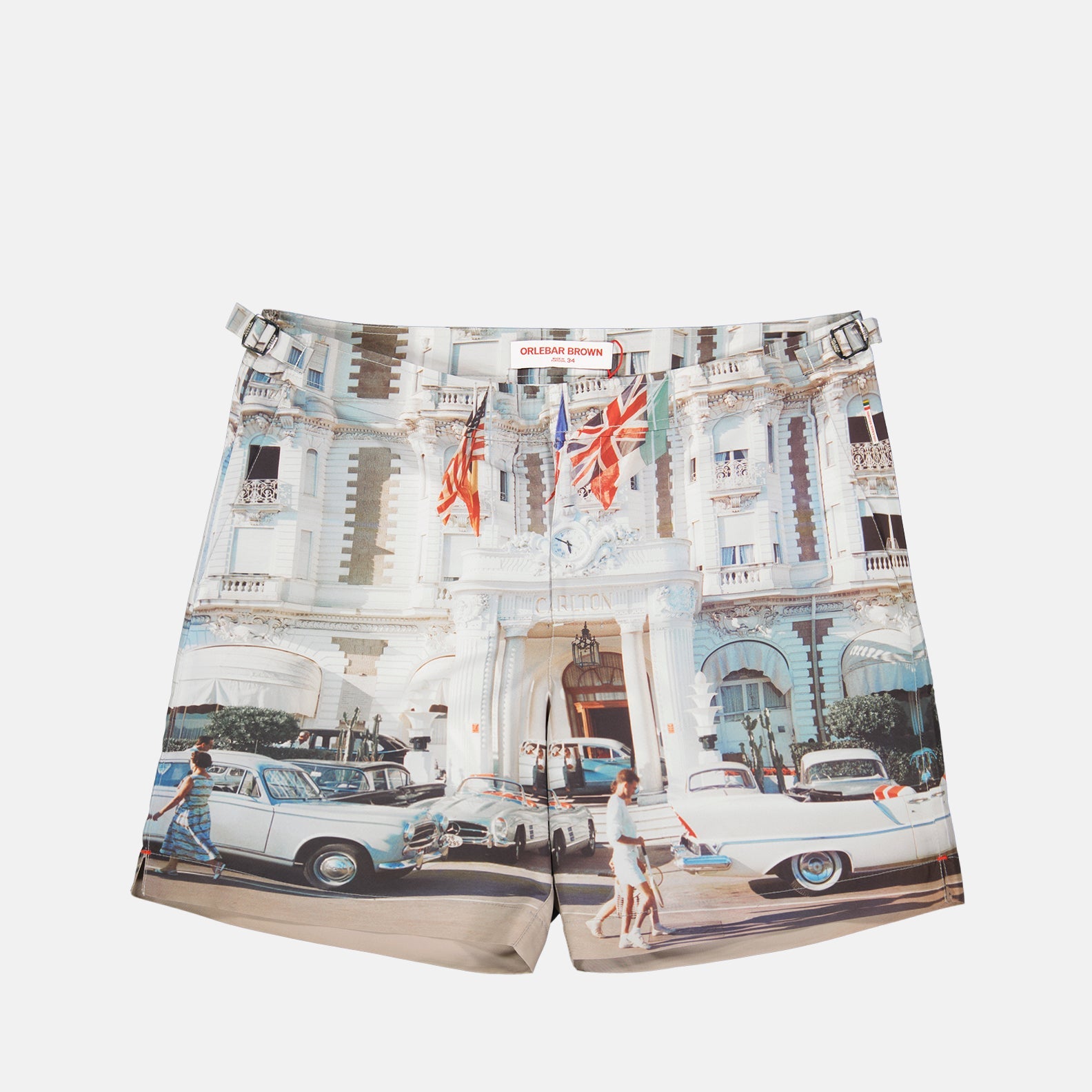 Bulldog Carlton Cannes, Orlebar Brown swim shorts, luxury swimwear, tailored swim shorts, Cannes print swim shorts