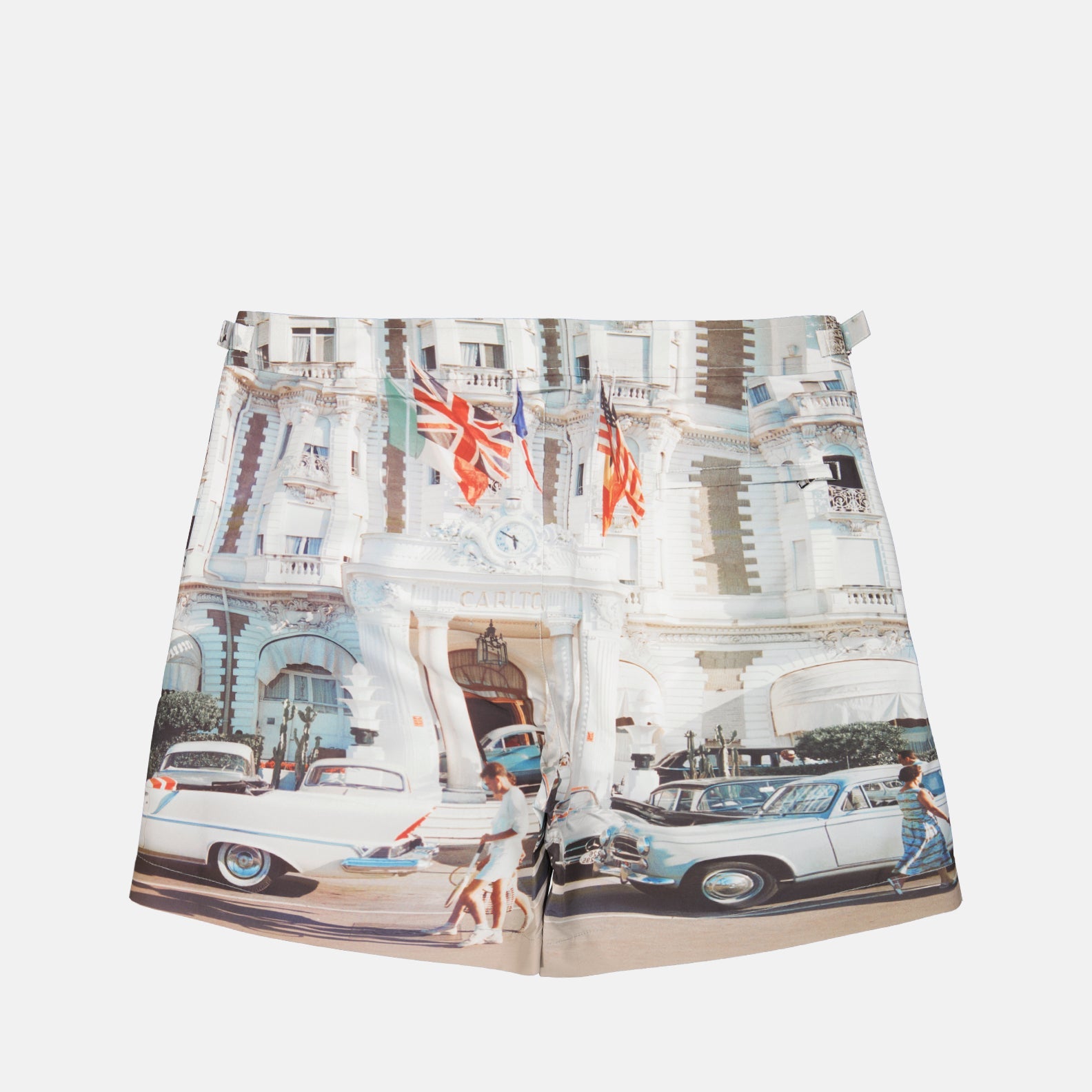 Bulldog Carlton Cannes, Orlebar Brown swim shorts, luxury swimwear, tailored swim shorts, Cannes print swim shorts