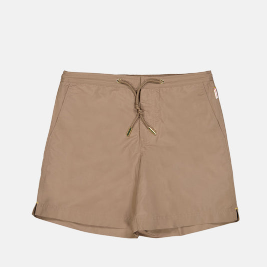 Orlebar Brown, Taupe Swim Shorts, Luxury Swimwear, Nylon Swim Shorts, Sophisticated Beachwear