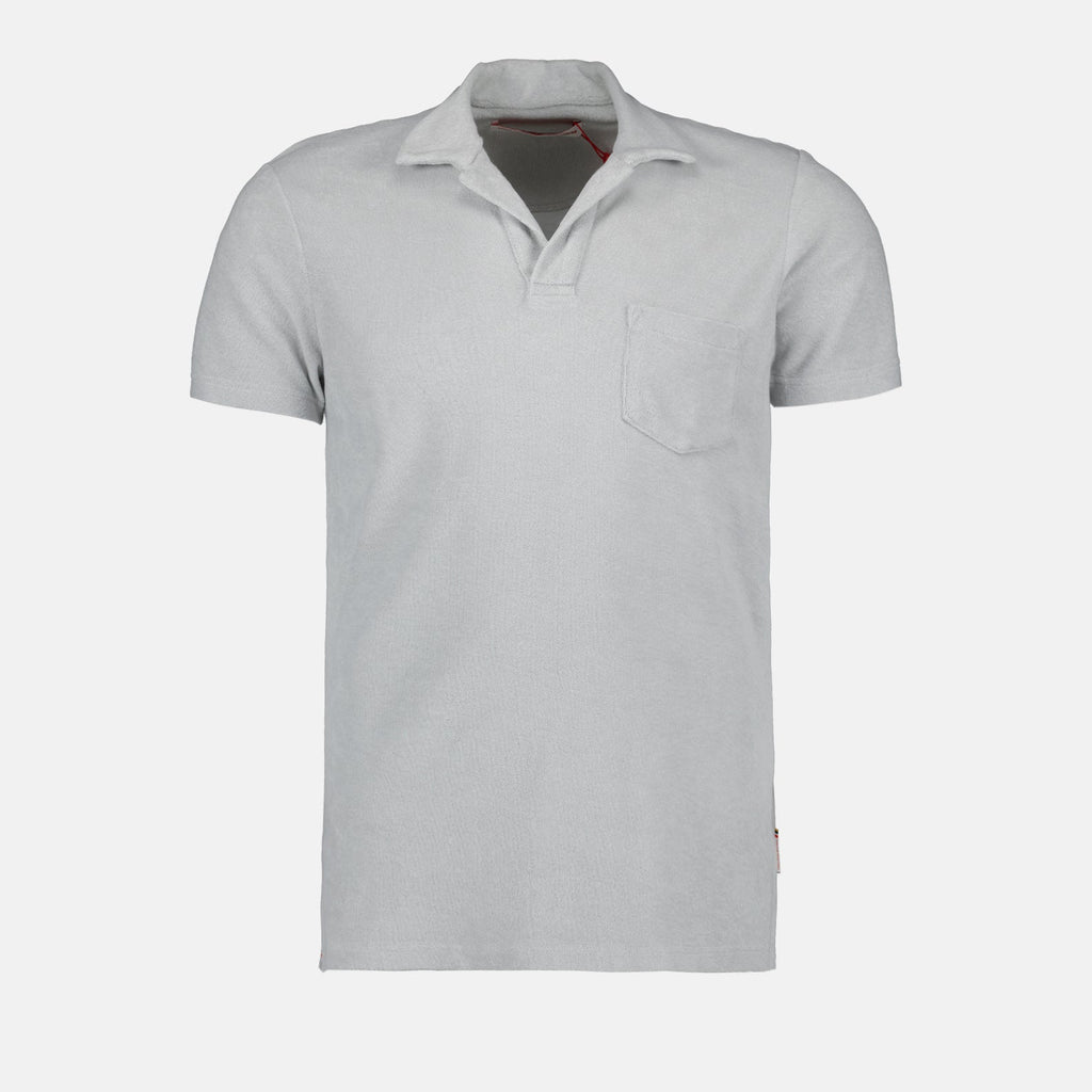 Terry polo, luxury casualwear, Orlebar Brown, cotton terry polo, gray polo shirt