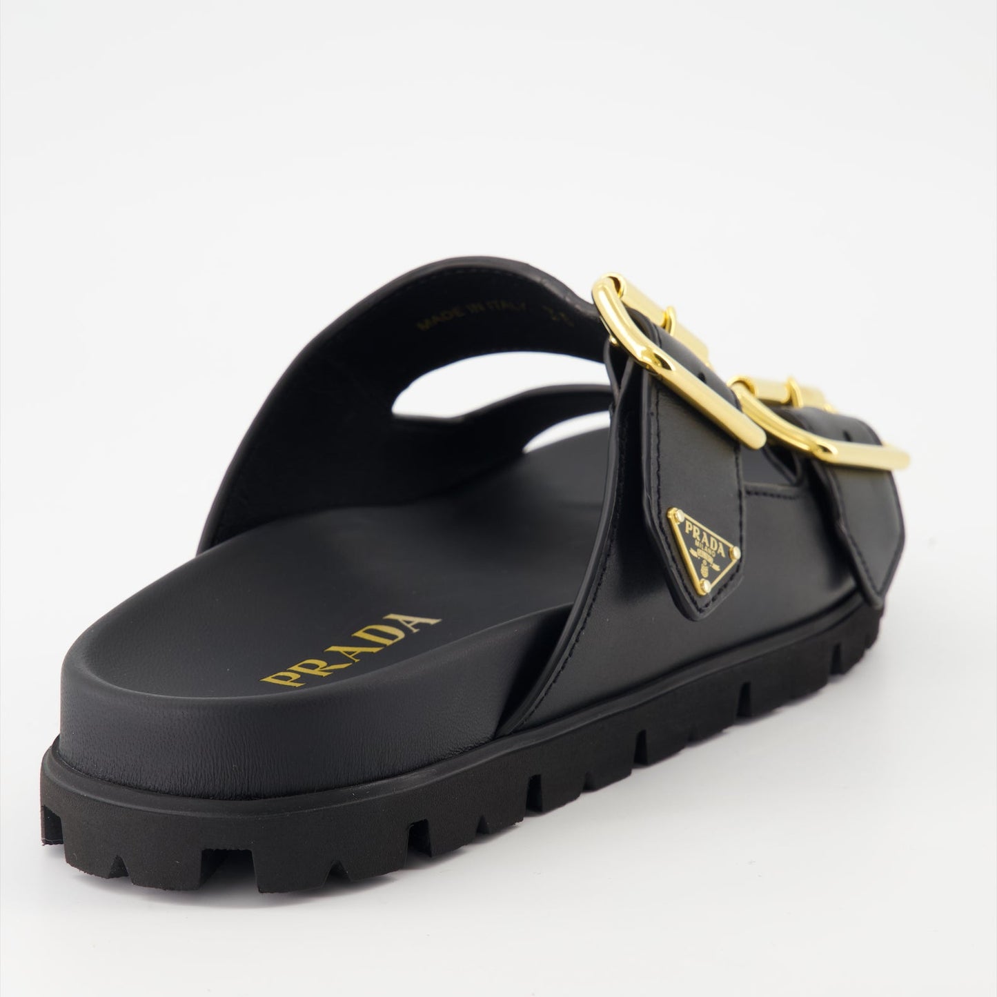 Prada, leather sandals, luxury slides, women's footwear, designer shoes