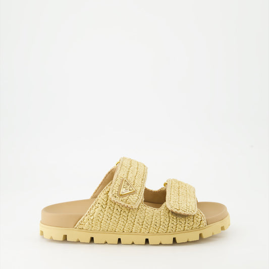 Prada sandals, beige mesh sandals, luxury slip-ons, designer footwear, summer fashion