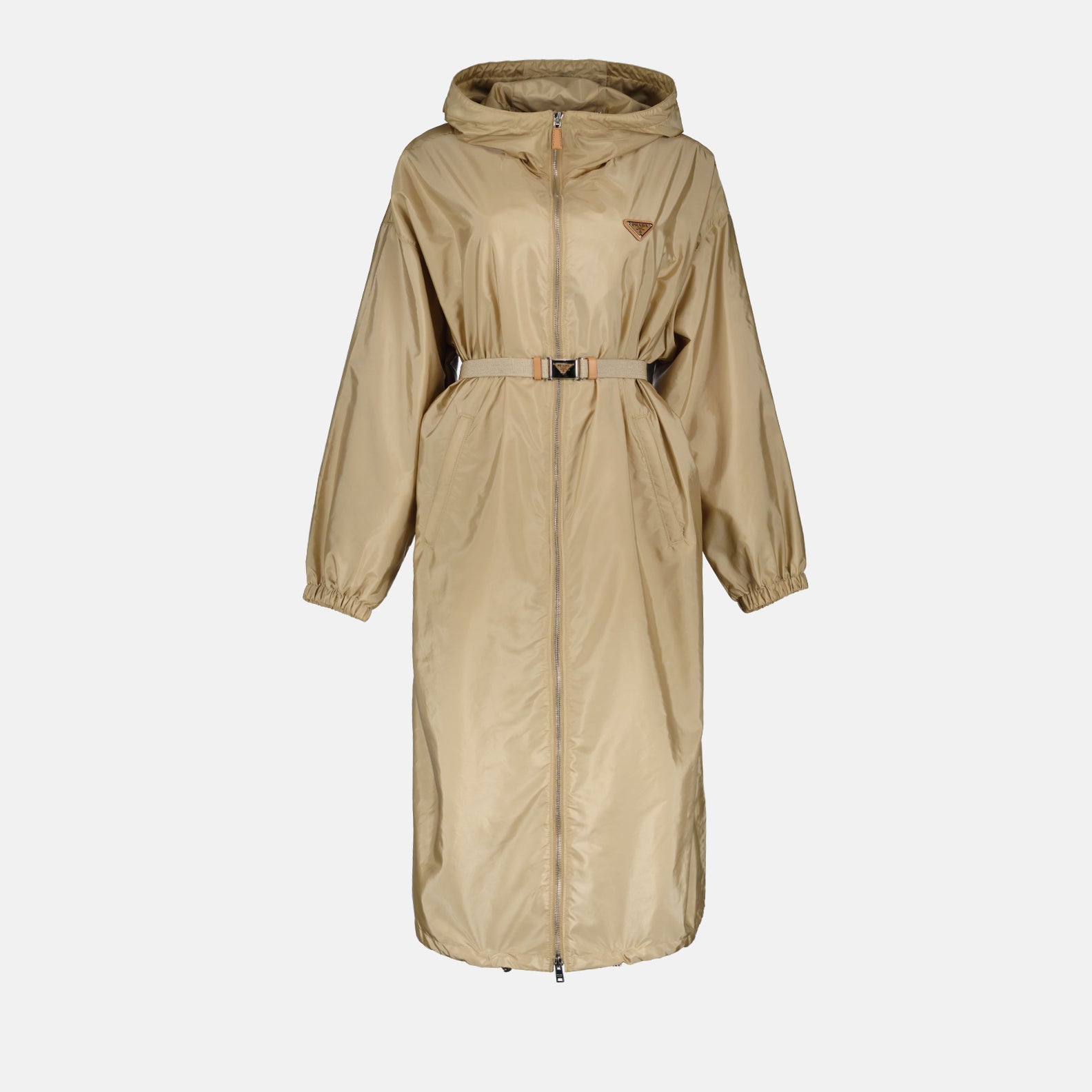 Prada parka, Re-Nylon jacket, luxury outerwear, sustainable fashion, high-end beige coat