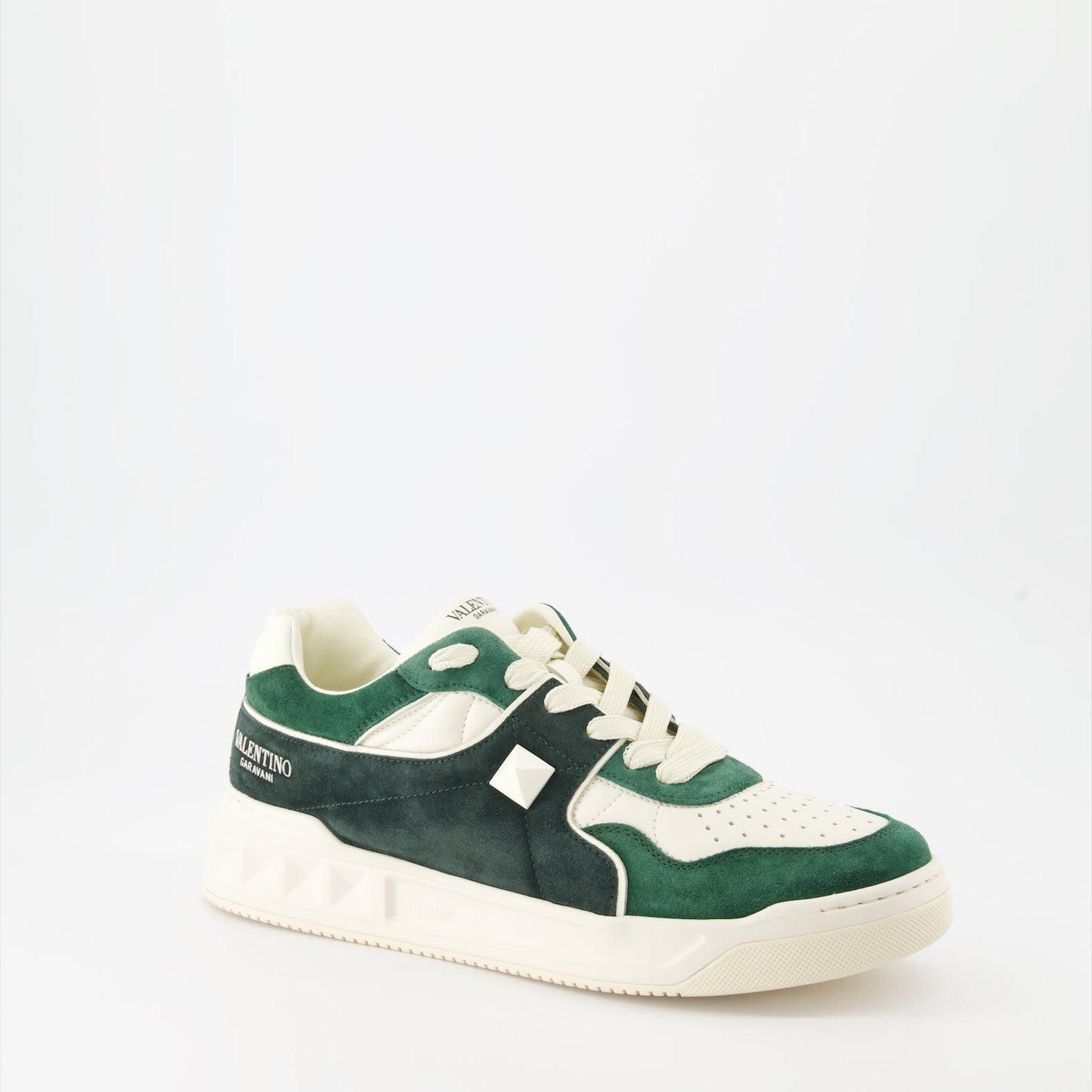 luxury sneakers, Valentino Garavani, green leather sneakers, suede footwear, designer casual shoes