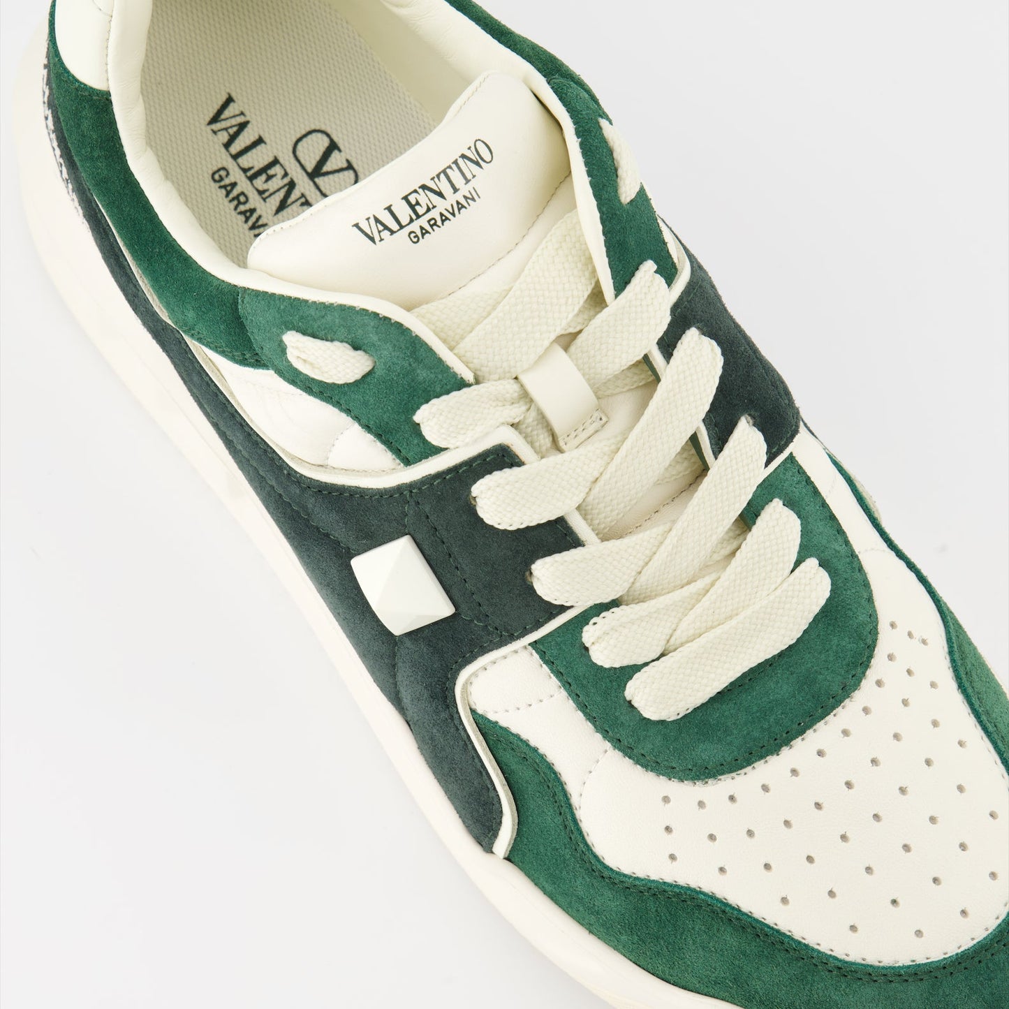 luxury sneakers, Valentino Garavani, green leather sneakers, suede footwear, designer casual shoes