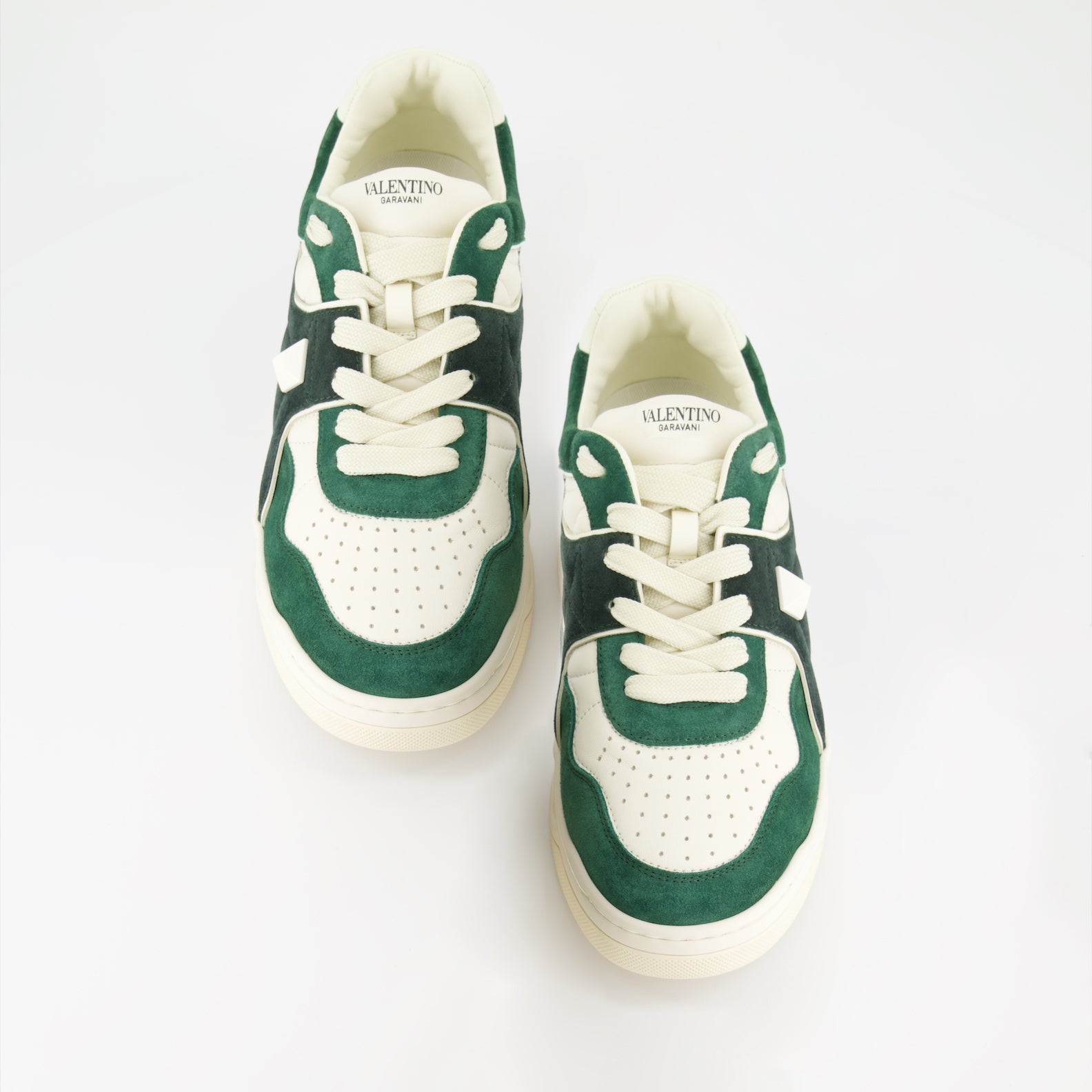 luxury sneakers, Valentino Garavani, green leather sneakers, suede footwear, designer casual shoes